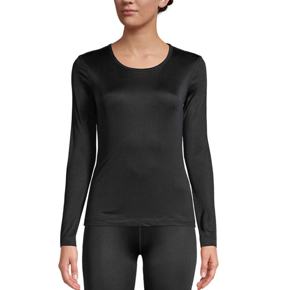 Lands End 100% Silk Black Crew neck Thermal Base layer Long Underwear Shirt M